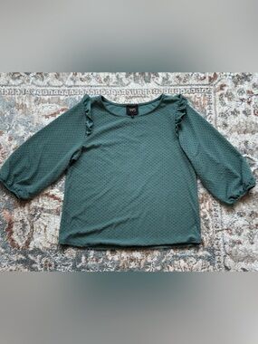 W5 Teal Ruffle Shoulder Dot-Texture Blouse